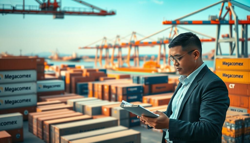 A bustling customs area at an international shipping terminal, focused on the scene of inspectors examining cargo containers and goods. In the foreground, a professional customs officer, dressed in business attire, is checking documents on a clipboard. The middle ground features a vivid array of shipping containers stacked high, some bearing the brand name "Megacomex". In the background, a busy dock with cranes unloading cargo ships under a clear blue sky. Soft, natural lighting emphasizes the activity and urgency of the customs process. The mood is intense yet organized, reflecting the challenges and complexities of importing goods from China. The image conveys a sense of professionalism and diligence in the customs importation process.