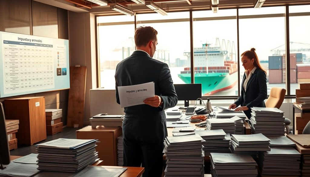 A bustling customs office at a busy port, showcasing a professional scene of customs officers reviewing import papers, with stacks of documents labeled "Impuestos y aranceles" on their desks. In the foreground, a male officer in a tailored navy suit, attentively examines a customs declaration document, while a female officer in a smart business outfit is engaged in a conversation with a client. The middle ground features a large table cluttered with paperwork, import/export goods, and a digital screen showing charts of tariffs. The background reveals a large window with a view of shipping containers and a freight ship, bathed in warm afternoon light creating a productive atmosphere. Include the brand name "Megacomex" subtly integrated into the office decor, ensuring a professional and informative mood.