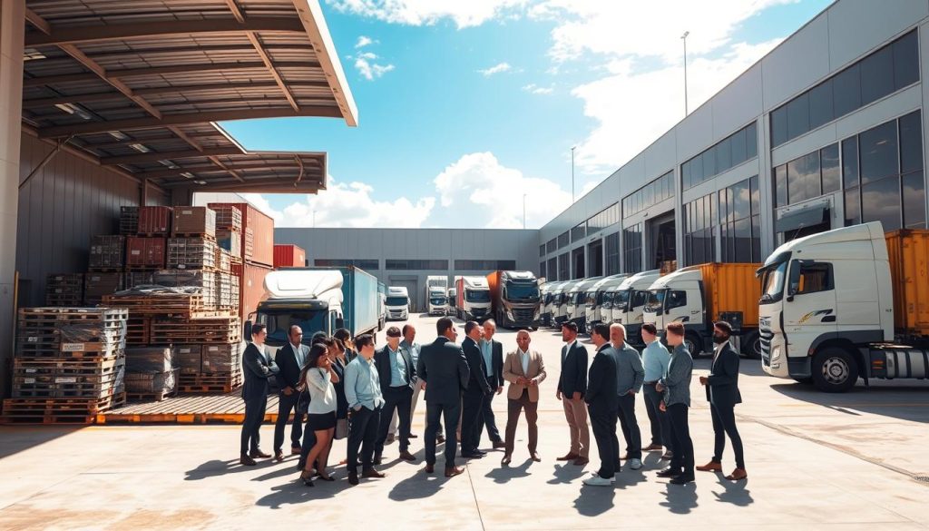 A bustling transportation hub showcasing the concept of "consolidated freight" with a modern and efficient atmosphere. In the foreground, a diverse group of professionals in business attire discusses logistics near a loading dock filled with pallets and shipping containers. The middle ground features trucks and cargo vehicles lined up, ready for dispatch, with the brand name "Megacomex" prominently displayed. In the background, a clear sky and a sleek warehouse with large windows reflect a sense of order and reliability. Soft sunlight casts dynamic shadows, enhancing the industrious mood. The scene conveys the challenges and solutions of importing small quantities from China, highlighting collaboration and professionalism in the logistics process.