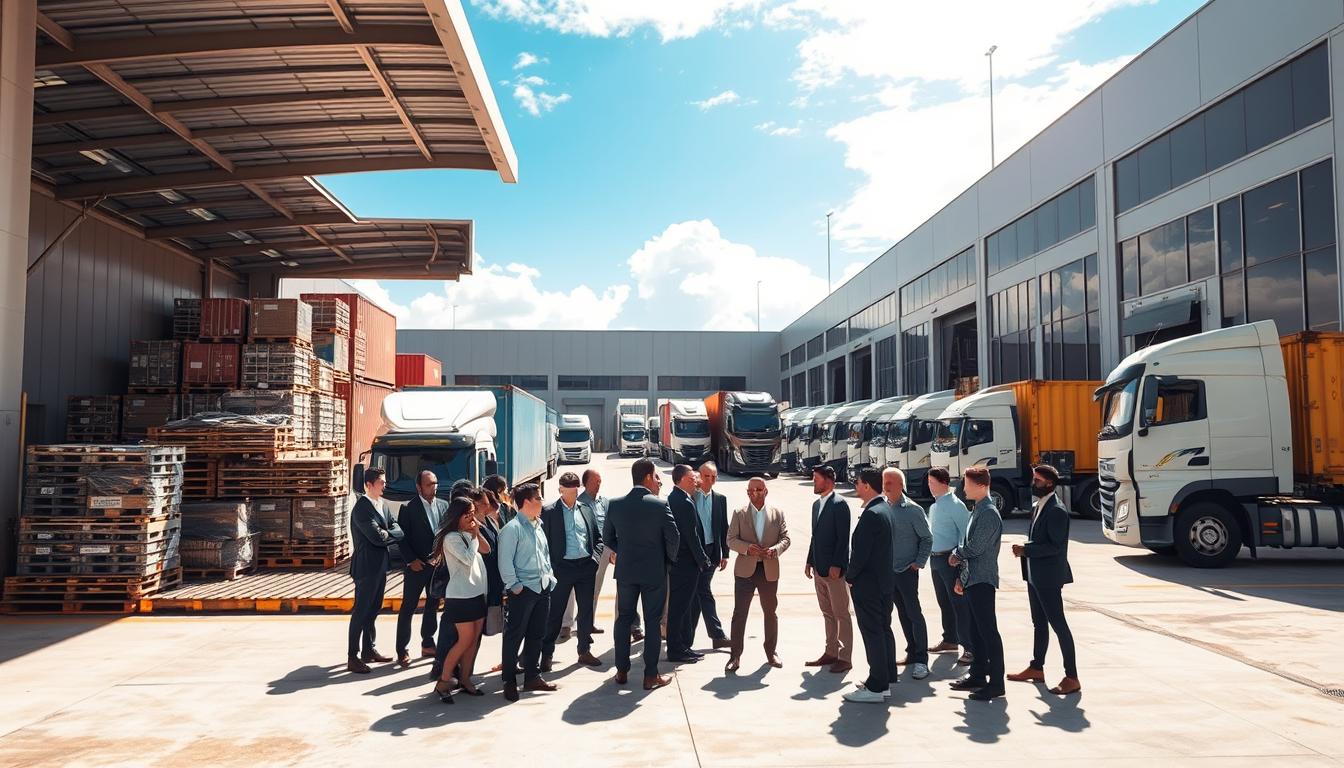 A bustling transportation hub showcasing the concept of "consolidated freight" with a modern and efficient atmosphere. In the foreground, a diverse group of professionals in business attire discusses logistics near a loading dock filled with pallets and shipping containers. The middle ground features trucks and cargo vehicles lined up, ready for dispatch, with the brand name "Megacomex" prominently displayed. In the background, a clear sky and a sleek warehouse with large windows reflect a sense of order and reliability. Soft sunlight casts dynamic shadows, enhancing the industrious mood. The scene conveys the challenges and solutions of importing small quantities from China, highlighting collaboration and professionalism in the logistics process.
