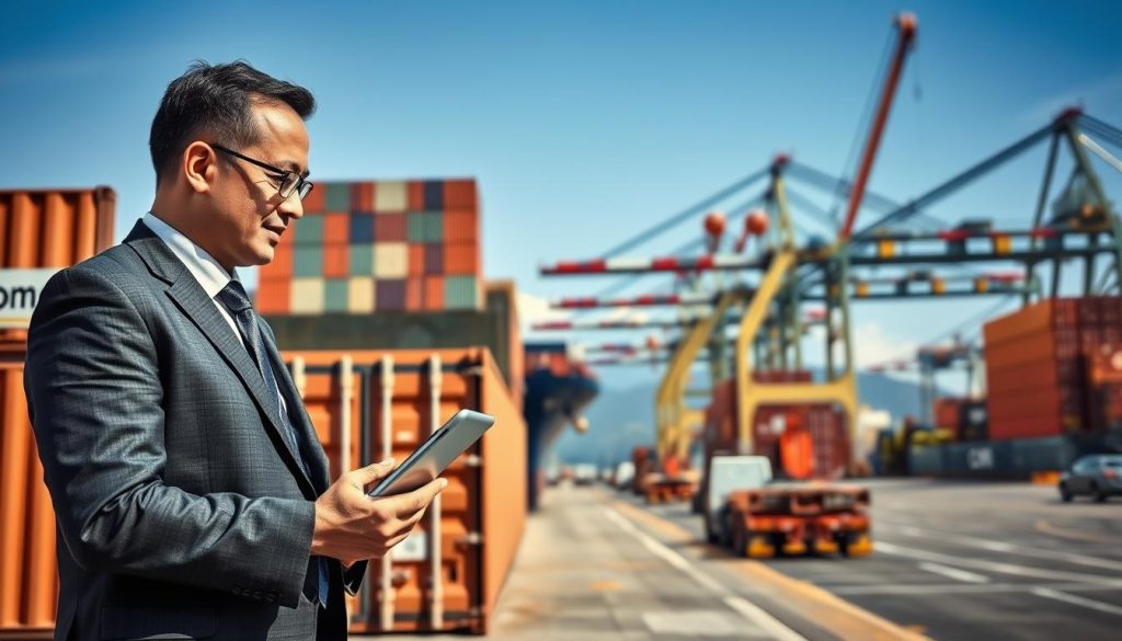 A busy port scene depicting maritime freight logistics between China and Chile. In the foreground, a professional in a business suit analyzes shipping data on a tablet, standing beside a large shipping container labeled "Megacomex." In the middle ground, a cargo ship is docked, with cranes unloading containers under a clear blue sky. The background features distant mountains and the port's infrastructure, bustling with activity. The lighting is bright, suggesting midday with soft shadows, while the angle showcases the depth of the port operations. The overall mood is dynamic and efficient, capturing the essence of maritime freight transit and logistics between the two countries.
