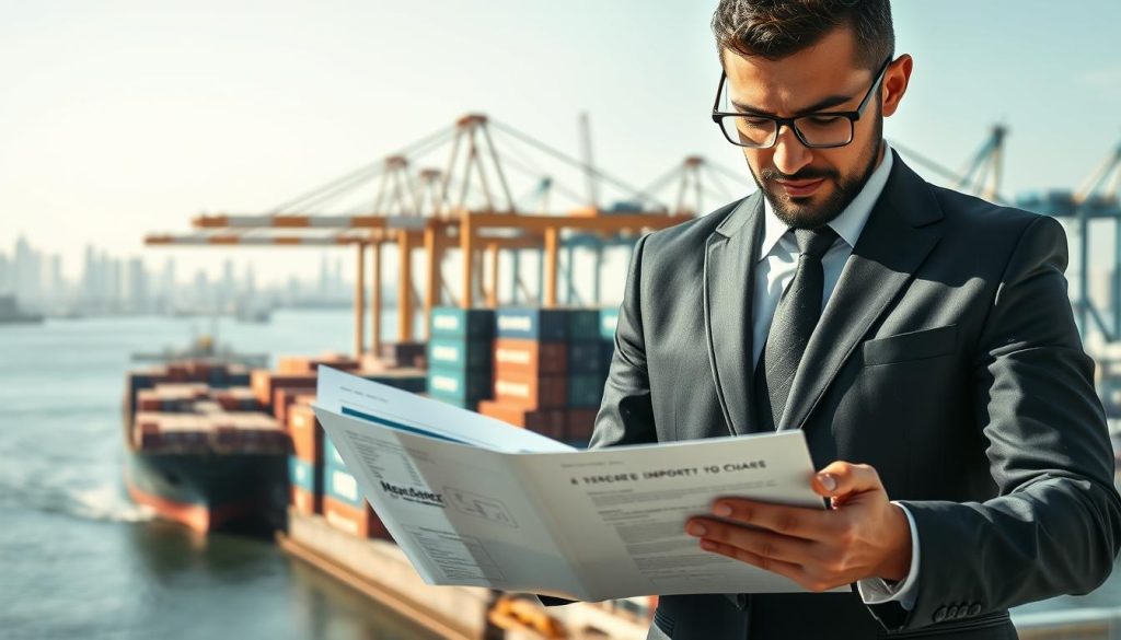 A conceptual image depicting the concept of "valor CIF" in the context of importing goods from China to Chile. In the foreground, have a professional business person in smart attire, analyzing a detailed import cost report on a laptop. In the middle ground, showcase a bustling shipping port with cargo containers labeled with various international brands, including "Megacomex," while cranes unload shipments. The background should feature a distant skyline of a modern city, symbolizing Chile's economic landscape. Bright, natural daylight filters through, casting dynamic shadows, enhancing productivity. The mood should be focused and industrious, illustrating the meticulous nature of global trade and costs associated with it.