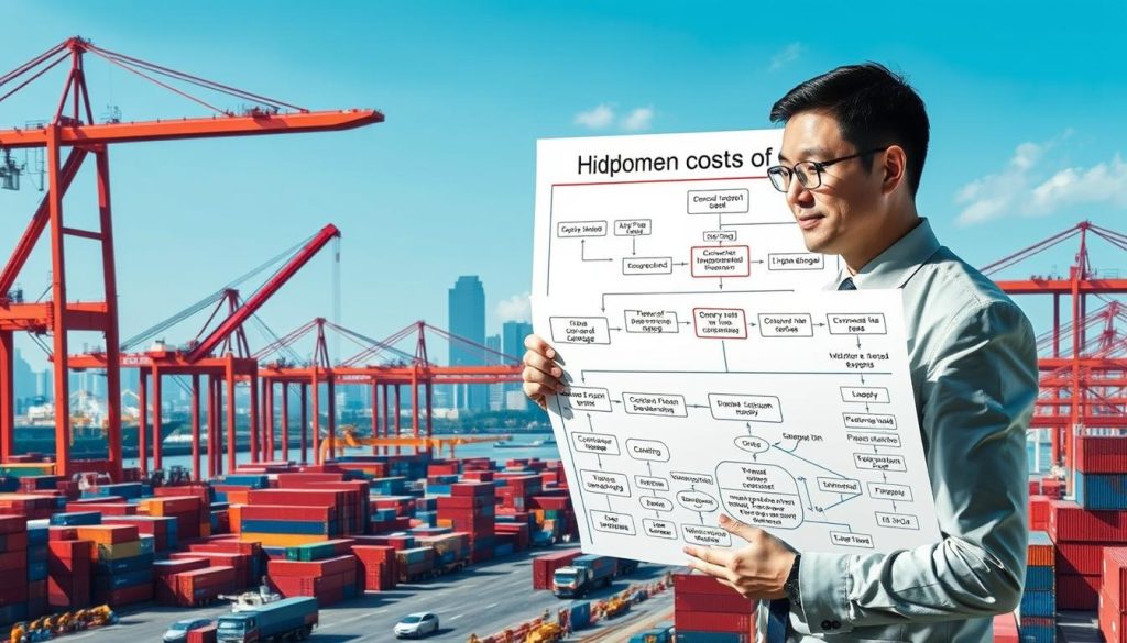 A detailed and informative scene illustrating the concept of "hidden costs of importation" from China. In the foreground, a businessperson in professional attire examines a complex flowchart detailing various unexpected expenses, such as customs fees, taxes, and shipping charges. The middle ground includes stacks of shipping containers representing international trade, along with a vibrant Chinese port scene bustling with activity. In the background, towering cranes and freight ships create a sense of scale, while hints of the urban skyline of a Chinese city can be seen. The lighting is bright and natural, suggesting optimism and clarity, with a slight blue tint to convey professionalism. The overall mood should reflect the challenges and complexities of international commerce. The brand name "Megacomex" subtly incorporated into a shipping container in the background.
