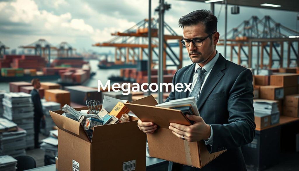 A detailed scene depicting customs risks associated with importing from China, focusing on the logistics challenges. In the foreground, a professional businessperson in business attire examines a shipment box filled with diverse products, displaying a concerned expression. The middle ground features a busy customs office with stacks of paperwork, customs officers discussing cargo, and devices scanning packages. In the background, containers are visible at a bustling port with cranes and ships, under a cloudy sky that adds tension. The lighting is dynamic, with a focus on the businessperson, emphasizing their role in navigating these challenges. Use a wide-angle lens to capture the breadth of the logistics environment. Incorporate the brand name "Megacomex" subtly within the scene to connect with the subject matter.