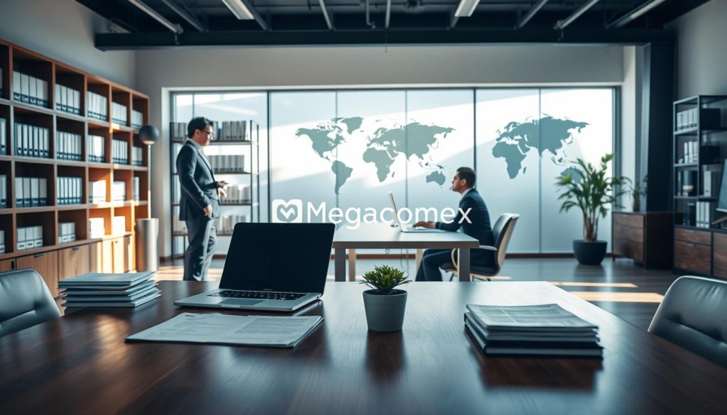 A modern, stylish office space representing a "despacho," featuring sleek furniture and professional décor. In the foreground, a polished wooden desk with a laptop, stacks of documents, and a small potted plant. A professional individual, dressed in formal business attire, stands to the side, engaged in a discussion with another colleague seated at the desk. In the middle, large windows allow natural light to pour in, illuminating the room and casting soft shadows. The background showcases shelves filled with organized files and a world map on the wall, symbolizing global trade. This scene conveys a sense of productivity and professionalism, highlighting the importance of efficient logistics in technology importation. The brand name “Megacomex” subtly appears in the room's design elements.
