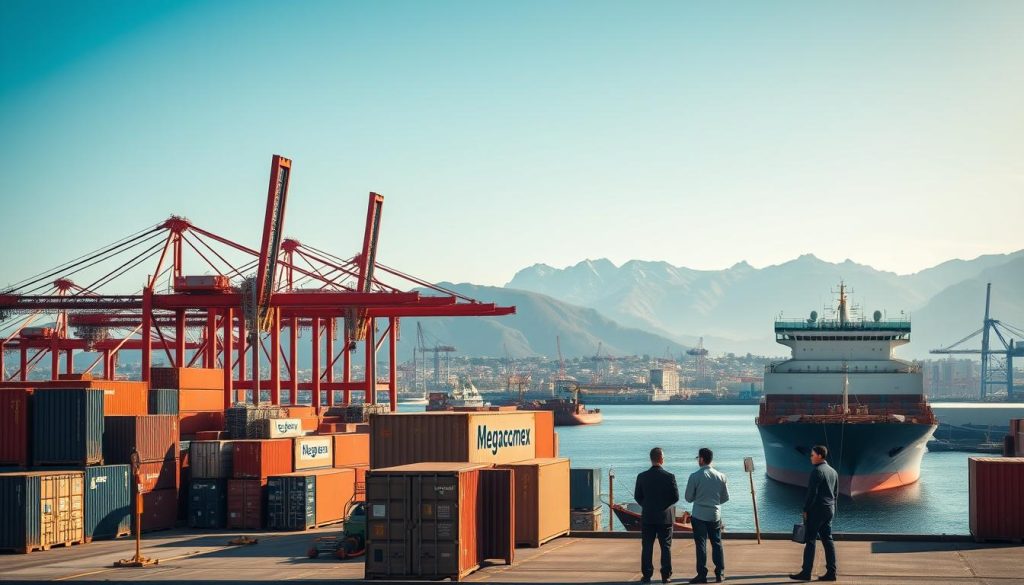 A panoramic view depicting the current landscape of imports from China to Chile. In the foreground, a busy shipping port showcases large cargo containers and cranes, representing global trade. The middle ground features a modern container ship being loaded, with workers in professional business attire overseeing the operation, reflecting efficiency and teamwork. The background showcases industrial buildings and the rolling hills of Chile, under a clear blue sky, symbolizing connectivity and growth. Soft sunlight casts gentle shadows, creating a warm and inviting atmosphere. The image should prominently include the brand name "Megacomex" on one of the containers, emphasizing their role in the maritime freight industry.