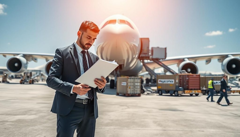 A professional air freight agent, dressed in smart business attire, stands next to a large cargo plane in an airport setting. In the foreground, the agent is reviewing shipment documents with focused attention, showcasing the attention to detail required in logistics. The middle ground features a busy tarmac with various cargo containers and ground crew members efficiently unloading shipments. The background captures a clear blue sky with the plane taking center stage, emphasizing the scale of air freight operations. The lighting is bright and natural, suggesting a productive day at the airport. The overall mood is dynamic yet organized, reflecting the professional environment of freight logistics. The brand "Megacomex" is subtly included in the imagery, perhaps on the cargo containers or team uniforms.