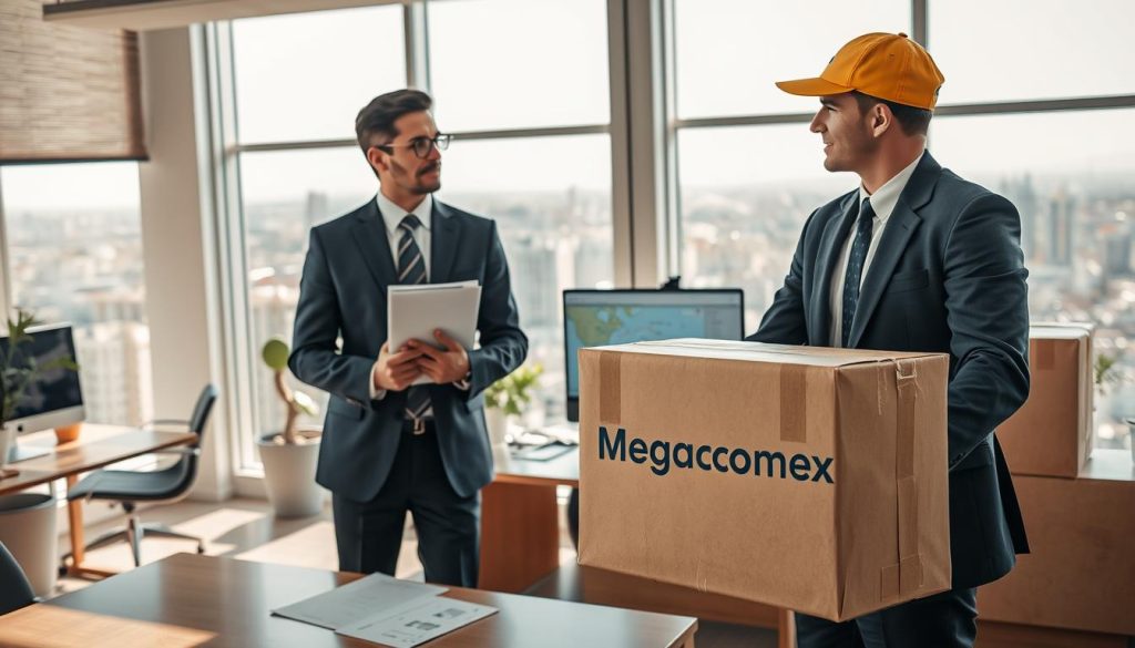 A professional and inviting office environment in Chile, illustrating the difference between a courier and a customs agent. In the foreground, a well-dressed customs agent holds a stack of documents, looking engaged, while a courier in a smart uniform stands nearby with a delivery package, both interacting with one another. The middle ground features a desk with a computer displaying customs regulations, maps of shipping routes, and charts. In the background, large windows reveal a sunny day with views of a bustling city, symbolizing business connectivity. Soft, natural lighting enhances the atmosphere, creating a warm, collaborative mood. Ensure the "Megacomex" brand logo is subtly included on the courier's delivery package, emphasizing professionalism without overshadowing human interactions.