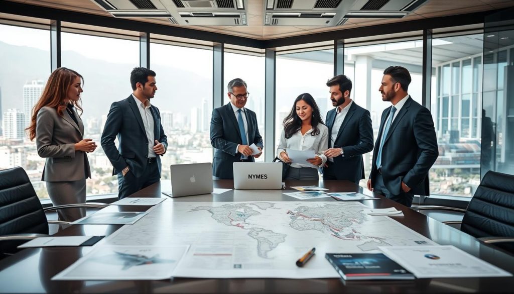 A professional and modern office environment representing international trade logistics. In the foreground, a diverse group of professionals dressed in business attire, engaged in discussion over trade documents and a laptop, depicting collaboration and expertise. The middle ground features a sleek conference table filled with maps, shipping routes, and trade brochures related to customs services. The background shows large windows with a view of Santiago's skyline, allowing natural light to flood the scene, creating an energetic and motivational atmosphere. The overall mood is one of professionalism, focus, and trust. Include subtle branding elements of "Megacomex" on the documents and screens. Capture the essence of a customs agency that supports small and medium-sized enterprises (PYMEs) in international trade.