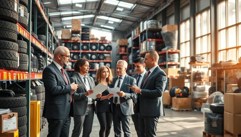 A professional and vibrant warehouse setting showcasing an array of car accessories imported in bulk, with a focus on quality products like tires, headlights, and protective gear. In the foreground, a diverse group of expert professionals in smart business attire is engaged in discussing inventory, examining products, and taking notes. The middle ground features neatly organized shelves filled with assorted auto accessories labeled with the brand name "Megacomex". In the background, large windows allow natural light to flood the space, creating an inviting and productive atmosphere. The scene is well-lit with a slight depth of field to emphasize the professionals, capturing a sense of collaboration and expertise in the automotive import industry. The image is bright and encouraging, highlighting the benefits of bulk importing car accessories.