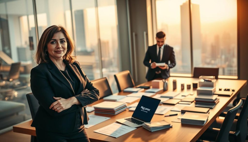 A professional business scene depicting a diverse group of individuals engaged in a dynamic meeting focused on sourcing reliable suppliers. In the foreground, a confident woman in a smart blazer is standing at a large conference table strewn with documents and a laptop showcasing the brand name "Megacomex". In the middle ground, two men, dressed in formal business attire, are examining product samples. The background features a large window with a city skyline view, bathed in warm, natural lighting that creates an inviting atmosphere. The overall mood should convey professionalism, collaboration, and trust, highlighting the theme of discovering dependable Chinese suppliers. The camera angle is slightly elevated, focusing on the engaged expressions of the team.