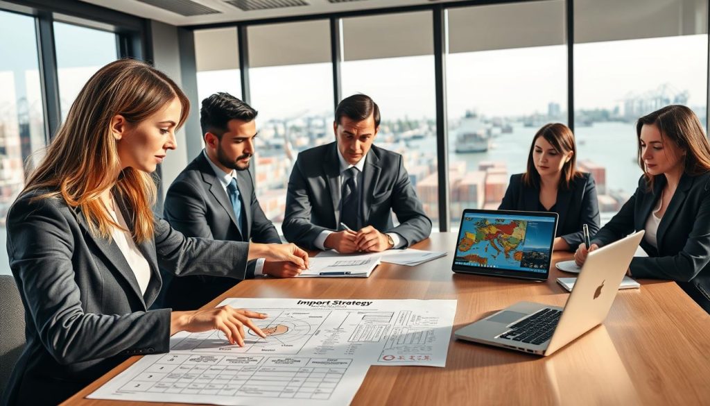 A professional business setting illustrating "import needs," featuring a diverse group of business people in professional attire gathered around a large conference table. In the foreground, a focused woman points at a detailed import strategy chart, while in the middle ground, a man takes notes on a notepad, and another woman reviews a laptop screen displaying shipping logistics. The background shows a large window with a view of a bustling port, emphasizing international trade. Soft, natural lighting floods the room, creating a collaborative atmosphere. The scene conveys a sense of purpose and organization, highlighting the importance of defining import needs, with branding elements subtly showcasing "Megacomex" on the materials present.