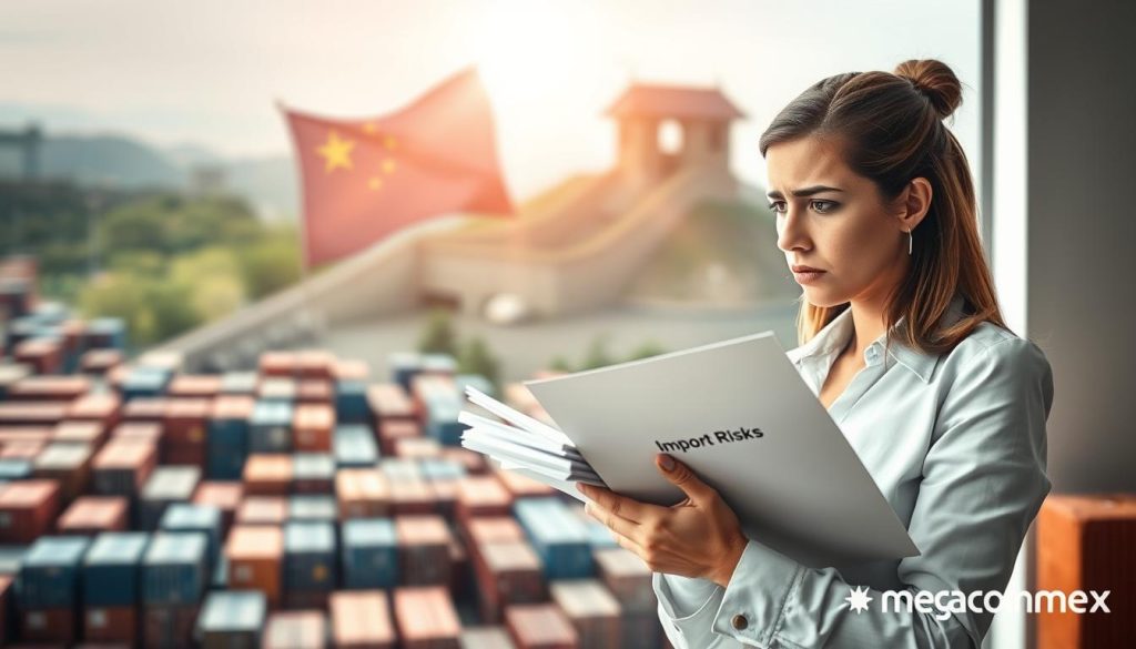 A professional business setting showcasing the risks of importing from China without expert advice. In the foreground, a worried businesswoman in professional attire glances at a stack of documents labeled "Import Risks", her expressions reflecting concern. The middle ground features a chaotic array of shipping containers and cargo, symbolizing confusion and potential pitfalls in international trade. In the background, a blurred image of the Great Wall of China represents the origin of the imports. Soft, natural lighting streams through a window, creating an atmosphere of urgency and seriousness, while a lens flare adds depth. The brand name "Megacomex" subtly integrated into the scene, reinforcing the theme of expertise in customs processes.
