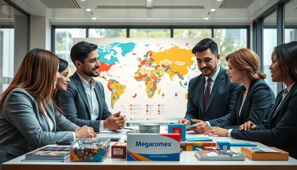 A vibrant and informative scene depicting a business meeting focused on importing goods from China. In the foreground, a diverse group of three professionals in business attire, engaged in a discussion, review colorful product samples displayed on a table. The middle section features a large world map highlighting trade routes between China and various countries, adorned with visuals of popular Chinese products like electronics and textiles. In the background, a modern office setting with large windows allowing natural light to flood in, creating a bright atmosphere. The mood is optimistic and collaborative, emphasizing the key role of Chinese imports in the growth of small and medium enterprises (PYMES). The brand "Megacomex" subtly visible on product packaging on the table.