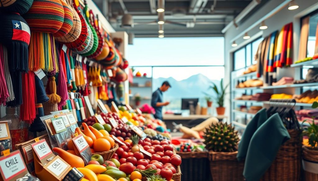 A vibrant display of Chilean products, featuring a variety of colorful items such as artisanal crafts, fresh produce, and textiles. The foreground showcases beautifully arranged products with labels highlighting their unique characteristics, while the middle ground consists of a modern, well-organized workspace with a small business owner making selections thoughtfully. In the background, a subtle hint of mountains can be seen, symbolizing Chile's rich natural resources. The lighting is bright and inviting, with a soft focus that creates a warm atmosphere. Use a wide-angle lens to capture the spaciousness of the scene, conveying a sense of opportunity and professionalism suitable for SMEs. Include the brand name "Megacomex" on a small label in the scene.