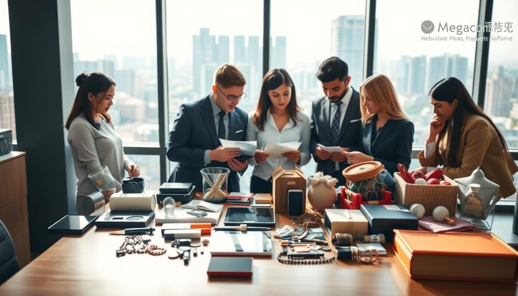 A vibrant scene illustrating profitable products for import from China, featuring a modern office environment. In the foreground, a polished wooden desk showcases various imported items, such as electronics, craft goods, and textiles, all neatly arranged. In the middle ground, a diverse group of professionals, dressed in smart business attire, are engaged in a focused discussion, analyzing product samples and charts. The background features a large window with a view of a bustling city, sunlight streaming in, creating a bright and motivating atmosphere. The lighting is soft yet effective, enhancing the products' features. A sleek logo of "Megacomex" subtly appears in the corner, embodying professionalism and opportunity.