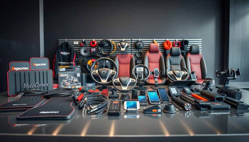 A visually striking arrangement of automotive accessories displayed on a sleek, modern table, reflecting the essence of the wholesale market in Chile. In the foreground, showcase an assortment of high-quality auto parts like car mats, tire inflators, and custom steering wheels, branded with "Megacomex". The middle ground features a well-organized setup of various accessories, including seat covers and smartphone mounts, with rich colors and polished surfaces. The background includes a subtle gradient suggesting a professional automotive store environment. Soft, natural lighting highlights the details of each accessory, giving a clean, inviting atmosphere. The angle captures a slightly elevated view, making the products easily recognizable and appealing. The overall mood is professional, vibrant, and focused on the automotive industry.