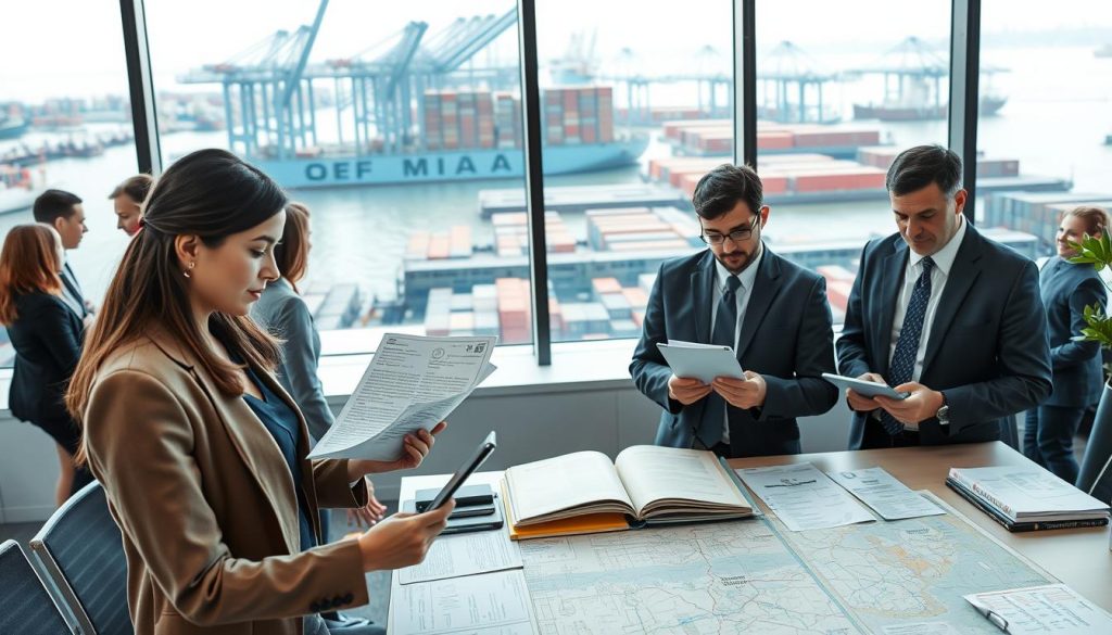 A well-organized customs planning office showcasing the concept of "customs clearance" in a bustling environment. In the foreground, a diverse group of professionals in business attire, including a woman reviewing shipping documents and a man examining a digital tablet, both focused on their tasks. In the middle ground, a large table covered with maps, critical paperwork, and customs regulations manuals, highlighting the logistical aspect of importing. Behind them, large windows allowing natural light to illuminate the room, revealing a busy port with ships and containers, symbolizing international trade. The overall atmosphere is efficient, dynamic, and professional, reflecting the smooth operation of customs planning by Megacomex, ensuring thorough preparation for hassle-free imports.