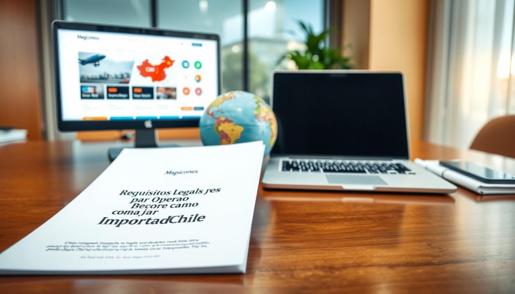 A well-organized office setting showcasing the concept of "requisitos importador." In the foreground, a professional-looking document with the heading "Requisitos Legales para Operar como Importador en Chile," elegantly placed on a polished wooden desk. Beside it, an open laptop displaying a trade website with China-themed graphics. In the middle ground, a globe highlighting China and Chile, and various import/export icons. The background features a large window with soft natural light streaming in, illuminating the space and creating a warm, inviting atmosphere. A subtle Megacomex logo is visible on the document. The scene should convey a sense of professionalism and clarity, emphasizing the importance of understanding legal requirements for importers. The angle is slightly elevated, providing a comprehensive view of the workspace.